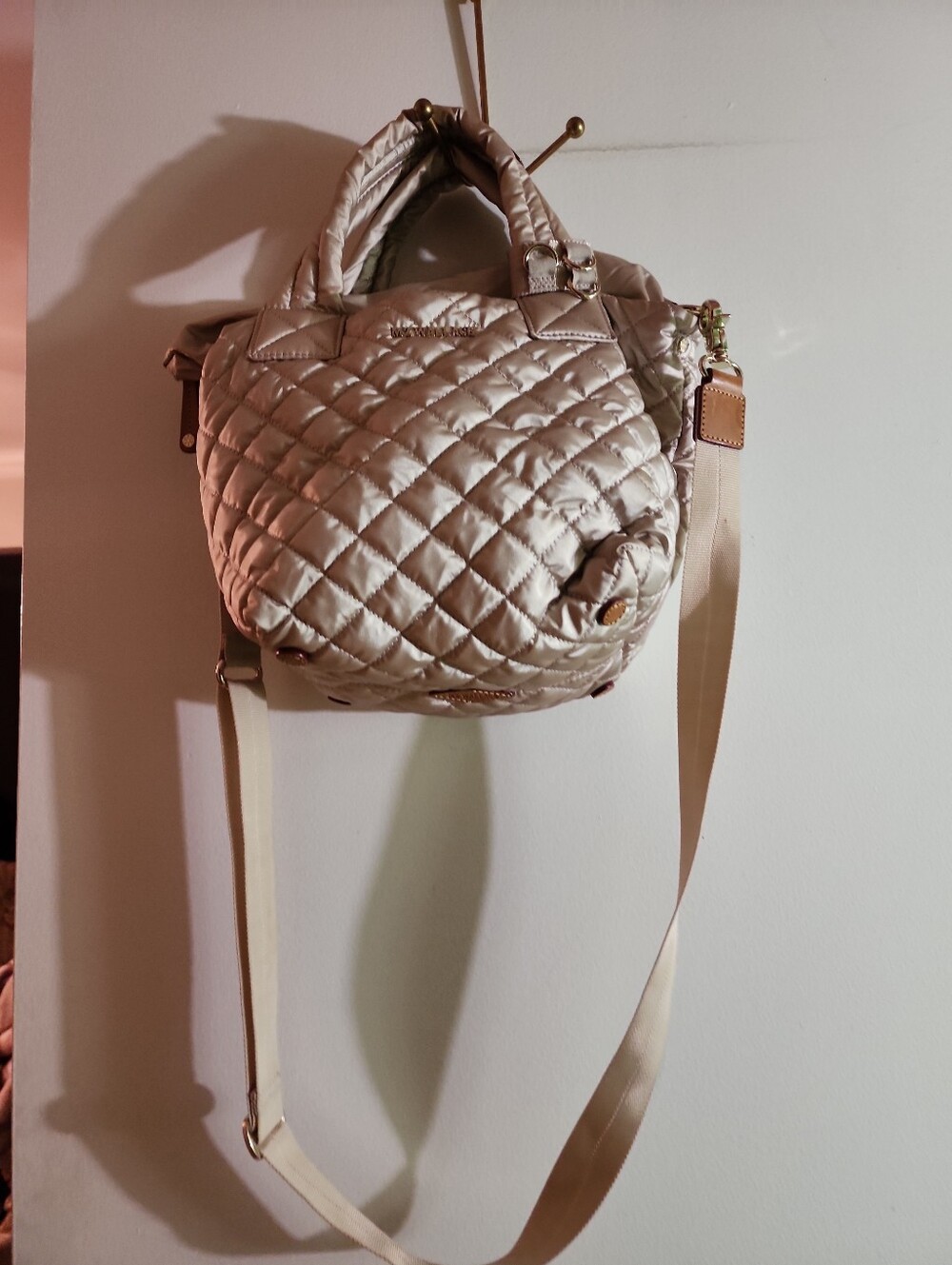 MZ Wallace Sutton Deluxe Light Gold Quilted Top Handle/ Crossbody Tote Bag
